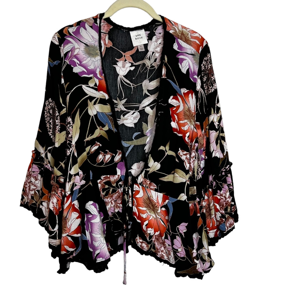 Knox Rose Womens Tie-Front Kimono Top Small Black Multicolor Floral Bell Sleeves